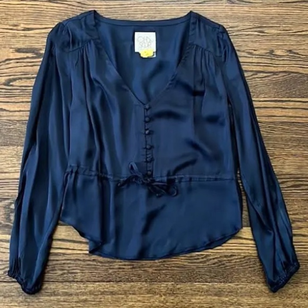 Chaser Navy Satin Button-Up V-Neck Drawstring Blouse with cut-out in sleeves